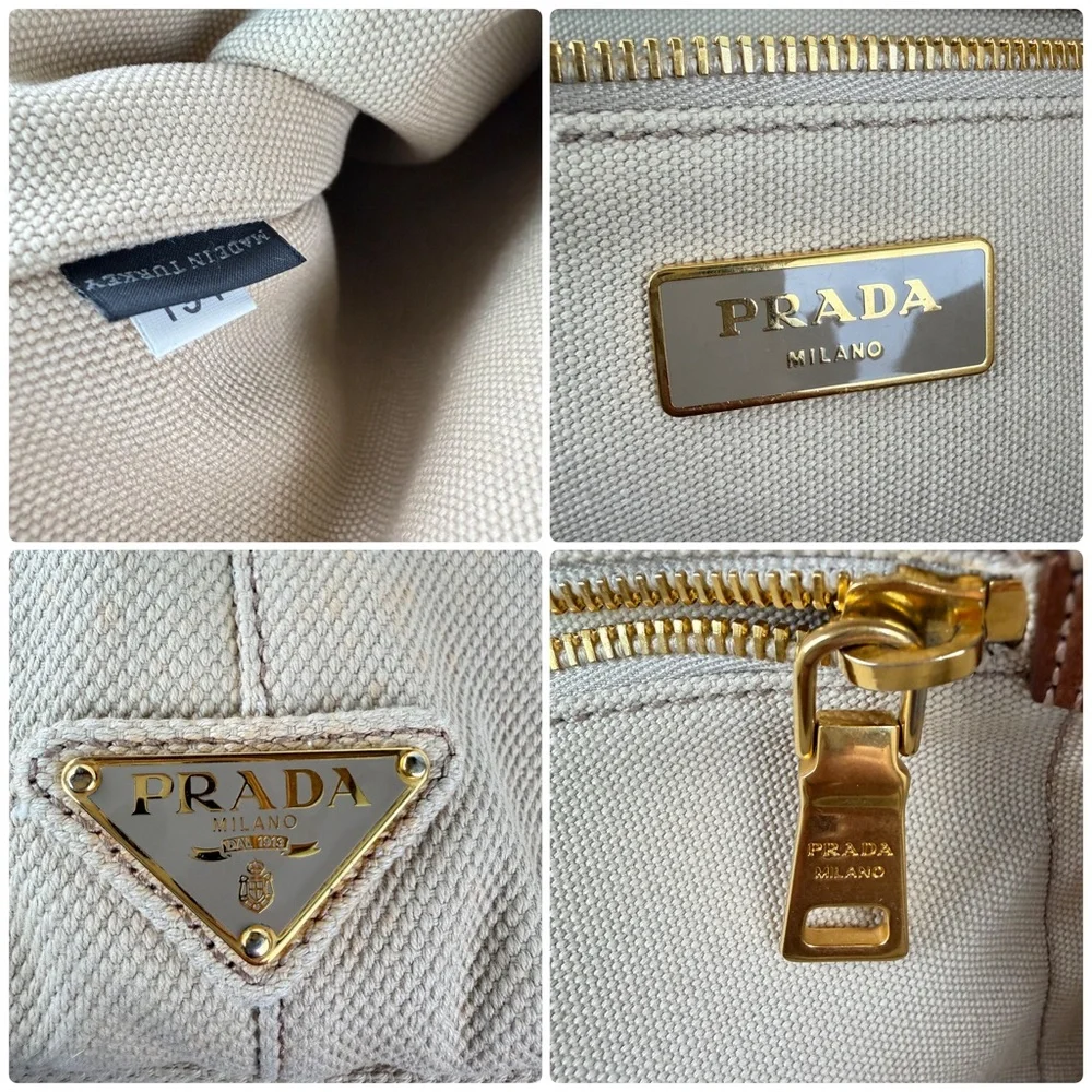 Prada Canapa Large Beige Canvas Tote Bag Gold Hardware